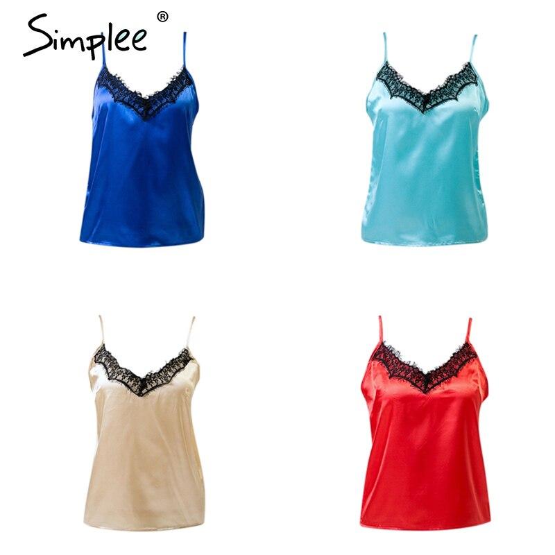 Women Sexy Solid Lace Satin Elegant V-neck Cami