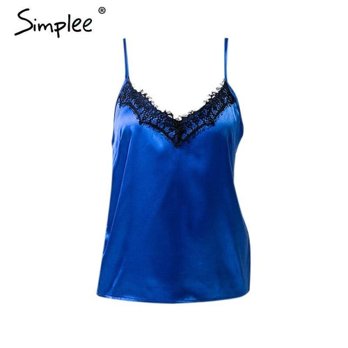Women Sexy Solid Lace Satin Elegant V-neck Cami