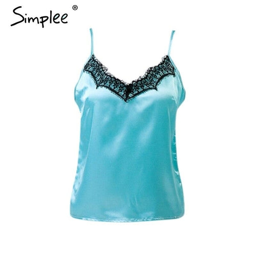 Women Sexy Solid Lace Satin Elegant V-neck Cami
