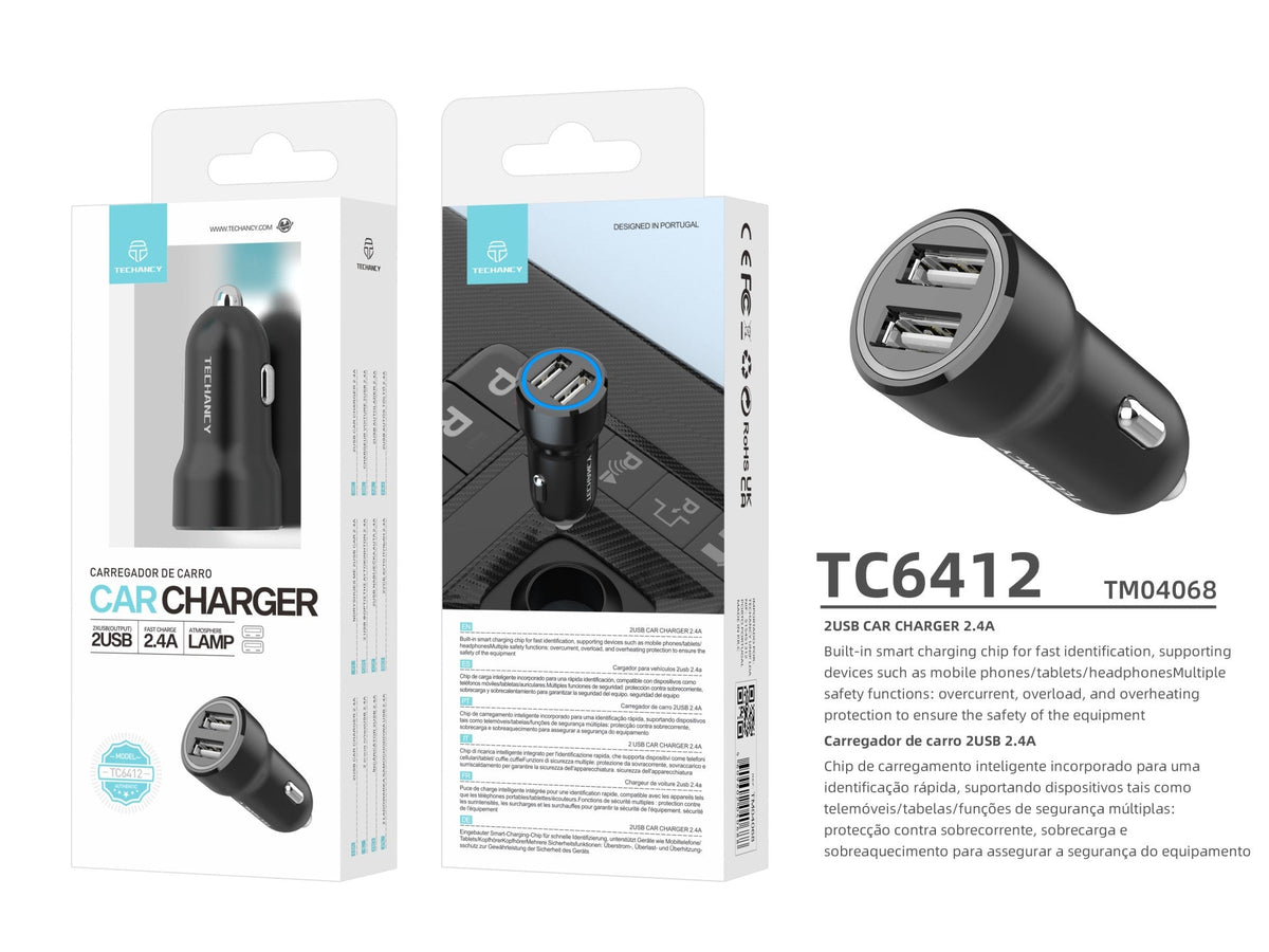 Techancy Carregador de Carro 2USB 2.4A TC6412 , Carregamento Rápido,