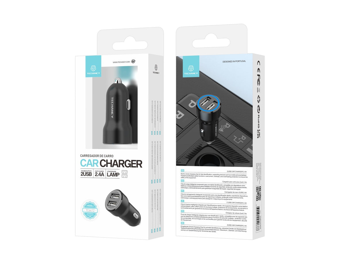 Techancy Carregador de Carro 2USB 2.4A TC6412 , Carregamento Rápido,