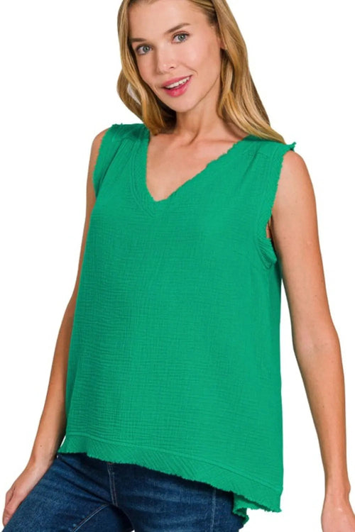 Zenana Double Gauze Raw Edge V-Neck Tank