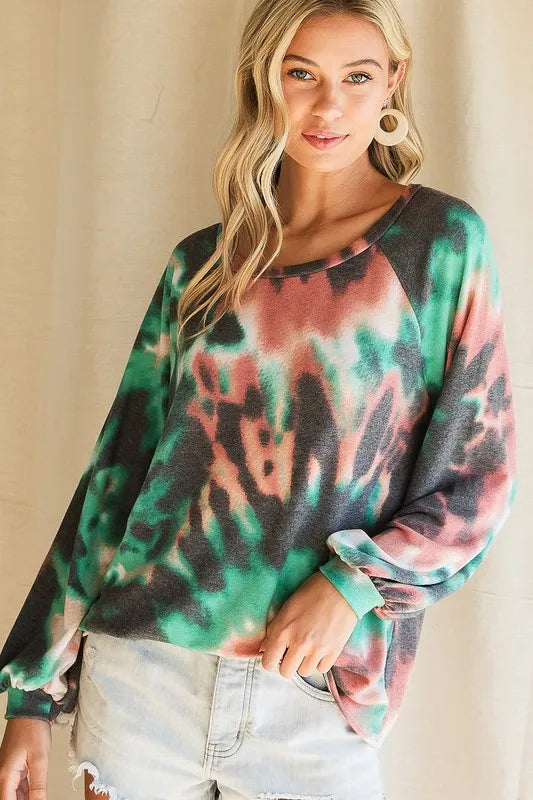 BiBi Tie Dye Print Terry Top with Puff Sleeves