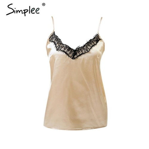 Women Sexy Solid Lace Satin Elegant V-neck Cami