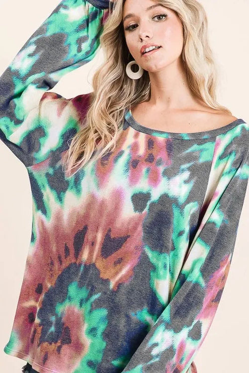 BiBi Tie Dye Print Terry Top with Puff Sleeves