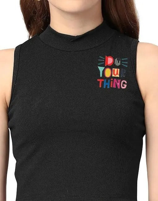 Women's & Girls' Solid Ribbed Slim Fit Crop Tank Top  Black
