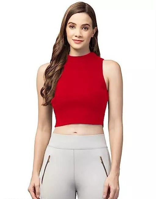Women's & Girls' Solid Ribbed Slim Fit Crop Tank Top  Red