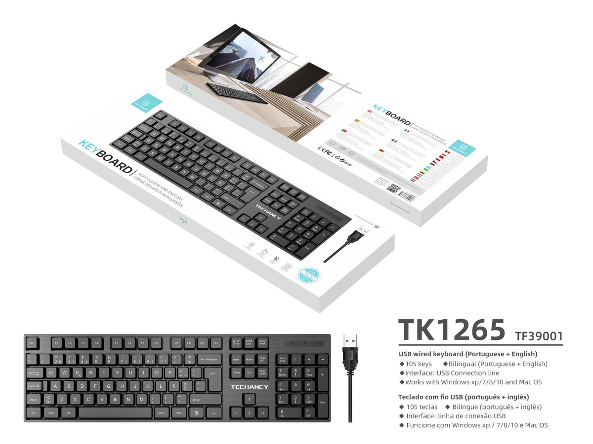 Teclado USB com fio de tamanho normal Techancy, TK1265, teclas de